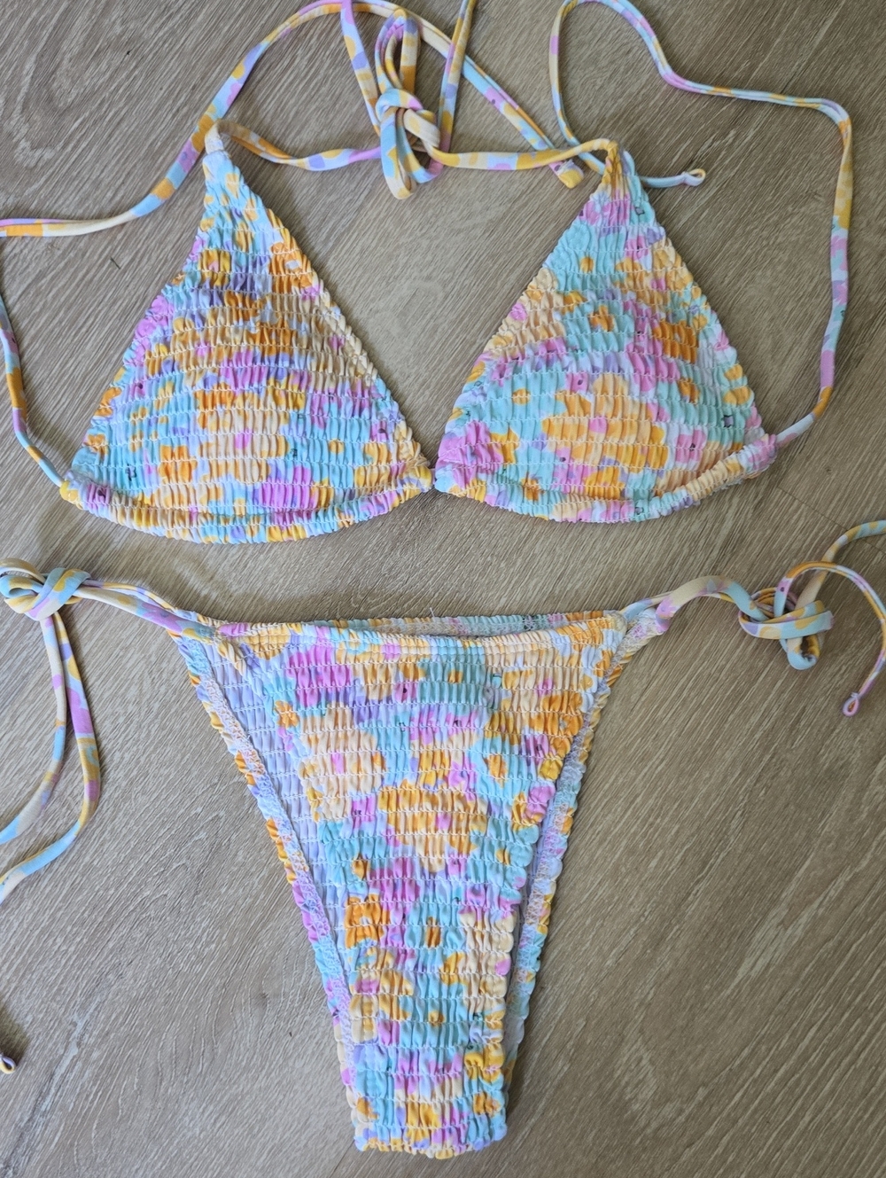 Smocked Triangle String Bikini Set in Pastel Floral